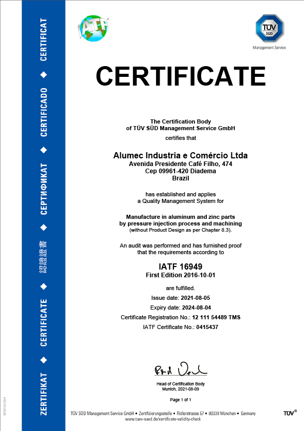 Certificado en IATF TÜV SÜD - Alumec